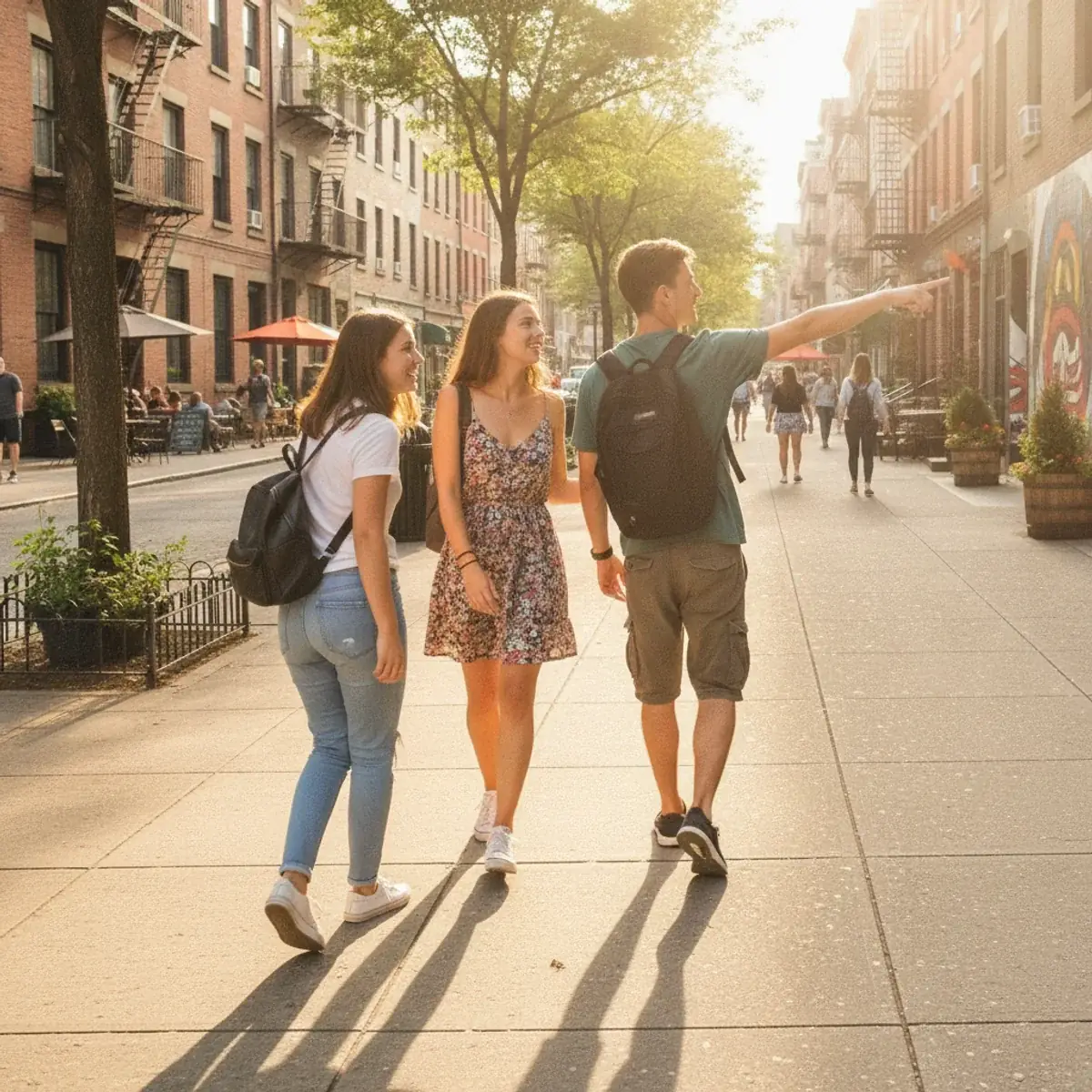Friends exploring a new city together on a bright day